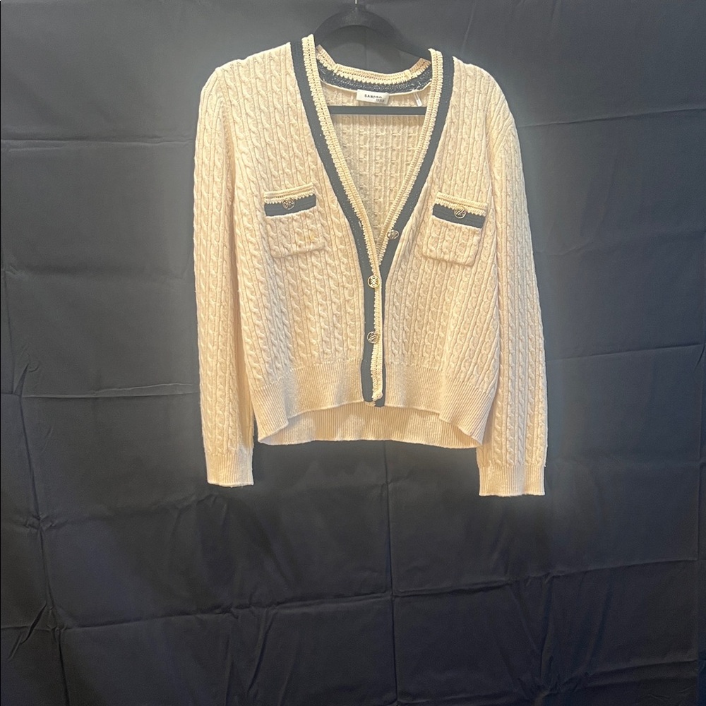 Sandro Cream Cable Knit Cardigan with Black Trim
